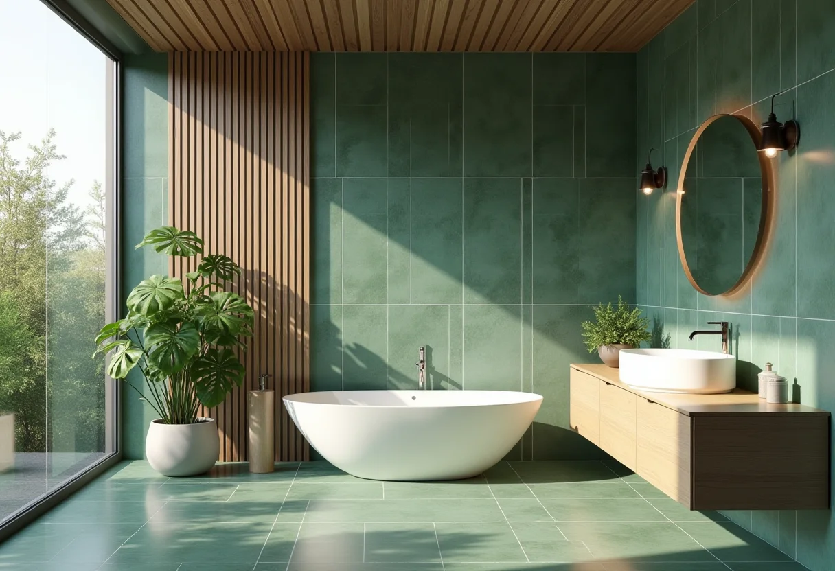 banheiro com decoracao escandinava com plantas e madeira