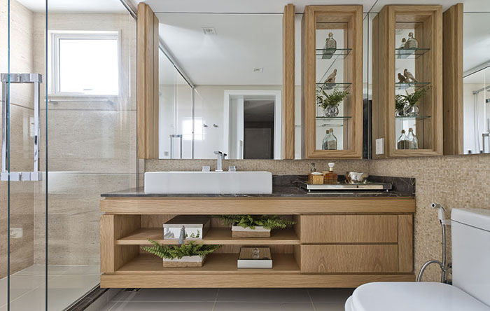 ideias banheiro escandinavo plantas madeira