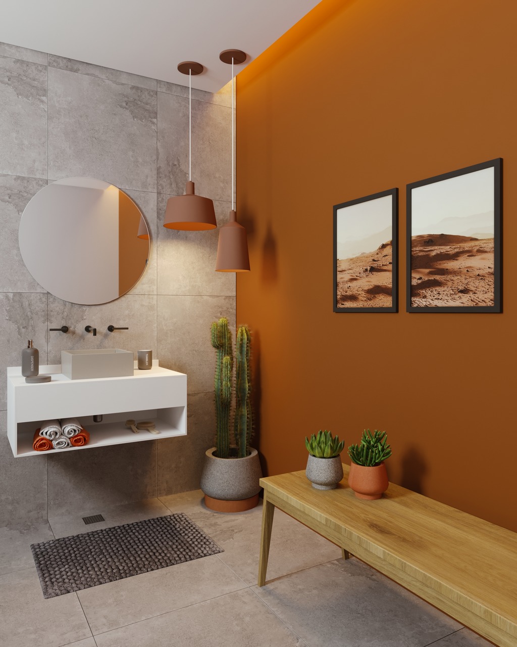 inspiração banheiro pequeno terracota