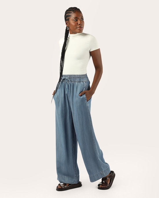 Calça wide leg jeans feminina cintura alta