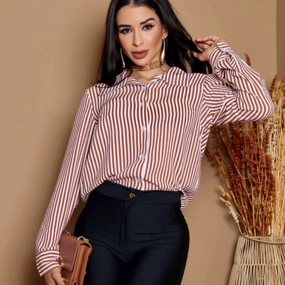 camisa listrada feminina manga longa preta e branca