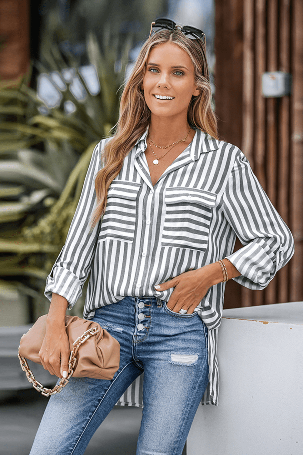 camisa listrada feminina manga curta