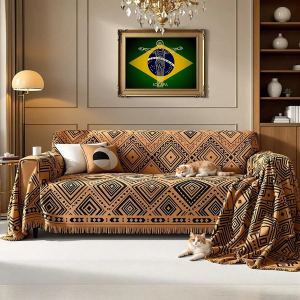 Capa de sofá estilo boho em algodão e linho