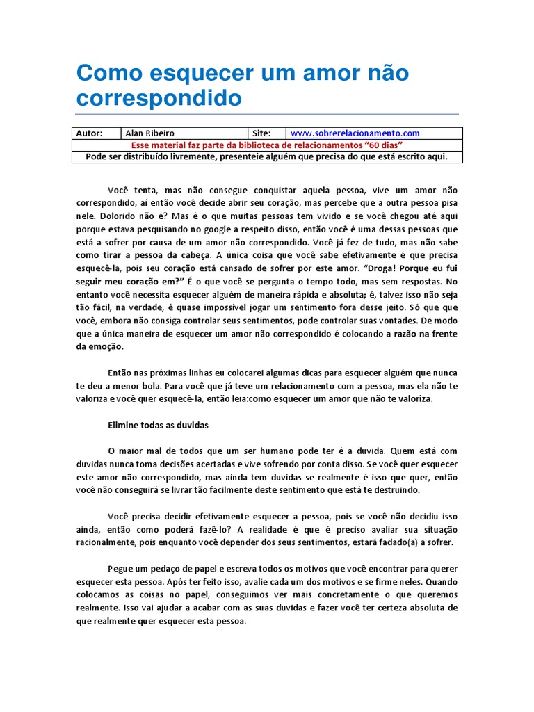 Como Esquecer Um Amor Nao Correspondido