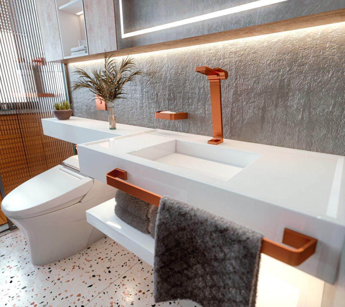 mocha mousse vs curry dourado banheiro