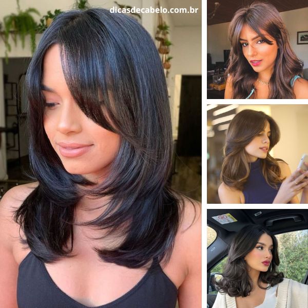 cortes de cabelo médio repicado com franja lateral