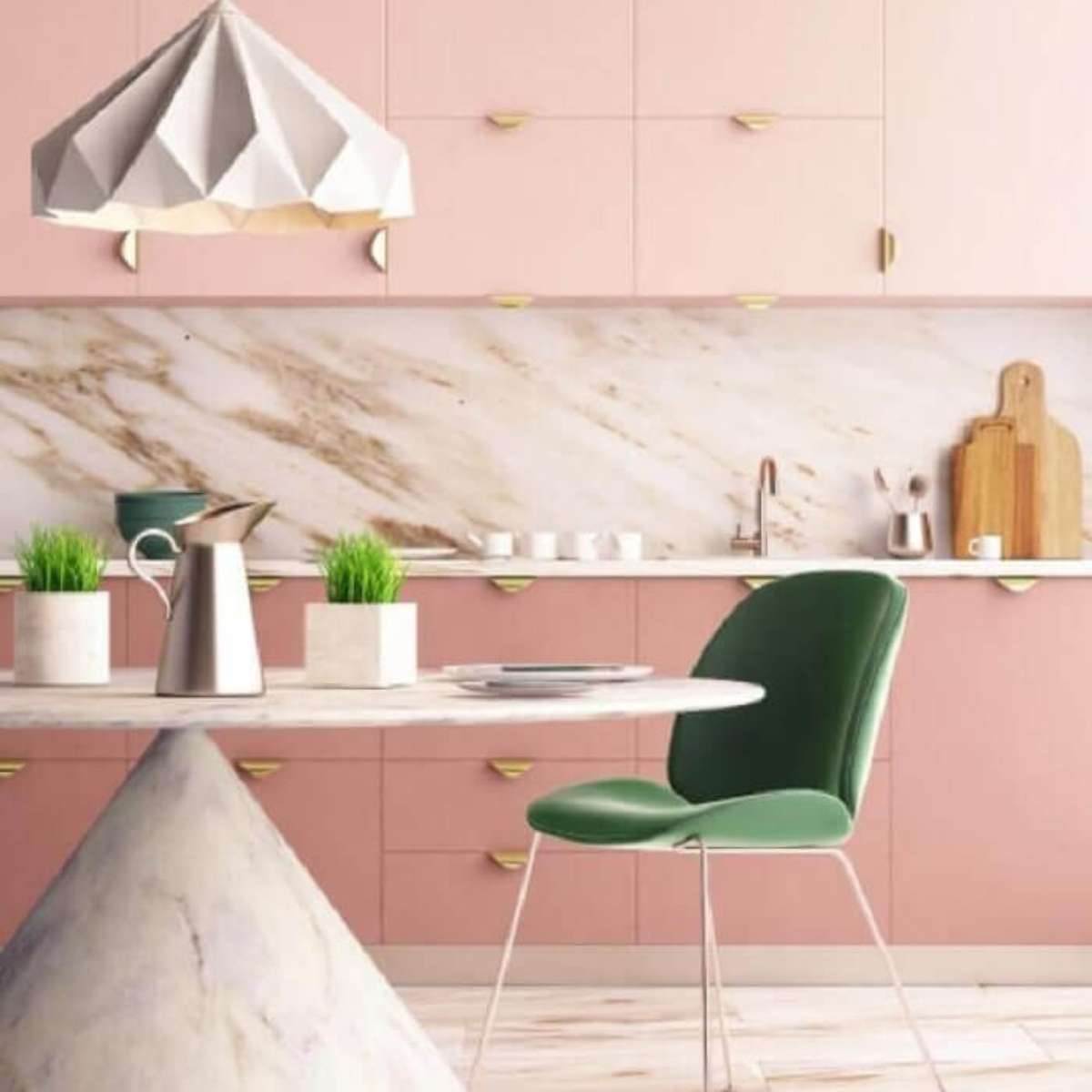 backsplash subway tile rosa em cozinha cinza