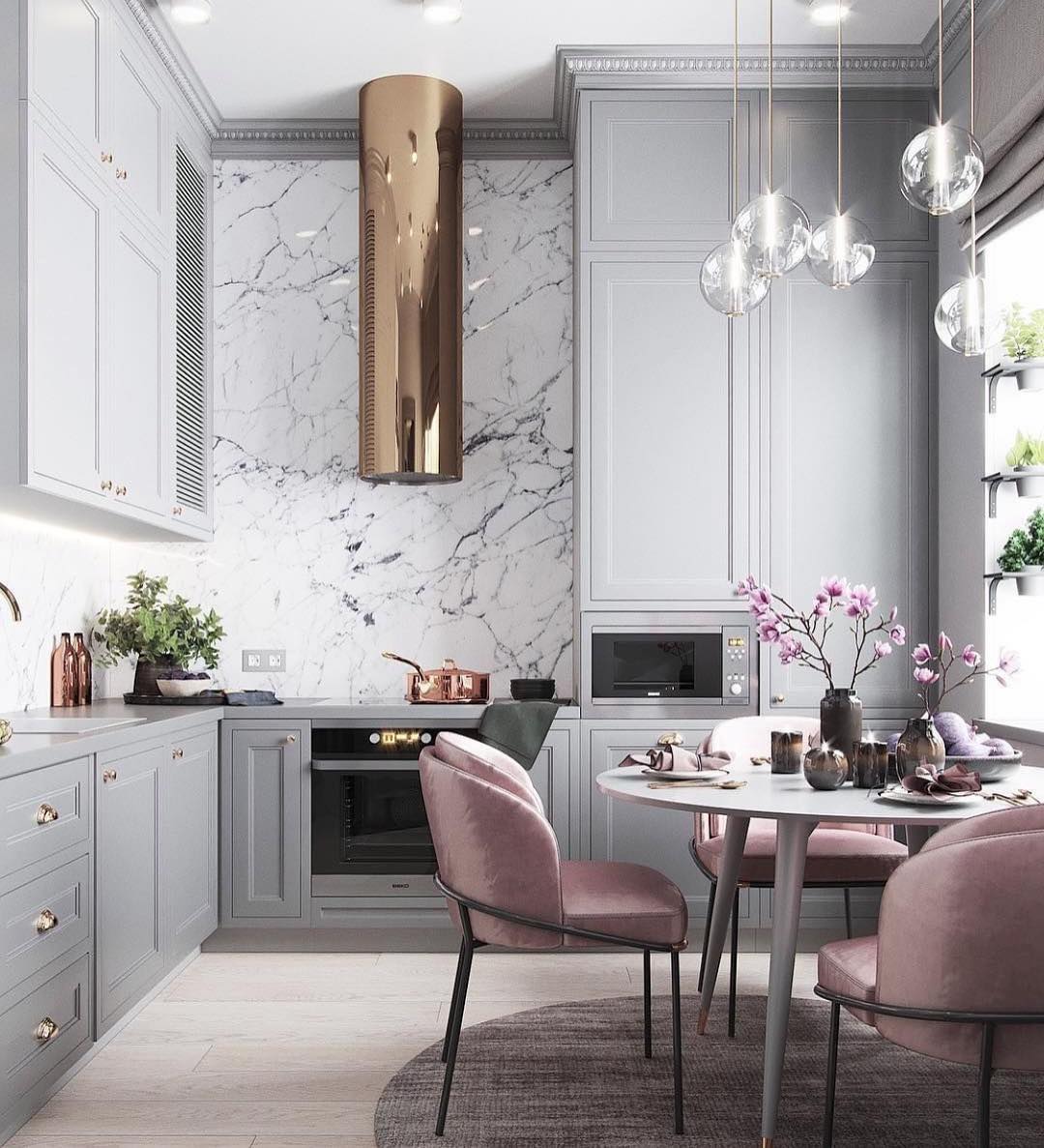 cozinha com decoracao cinza e rosa