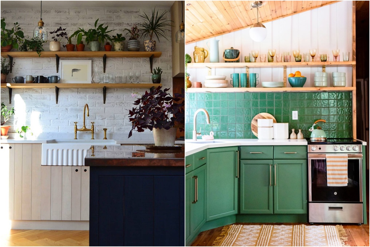 cozinha pequena com prateleiras abertas