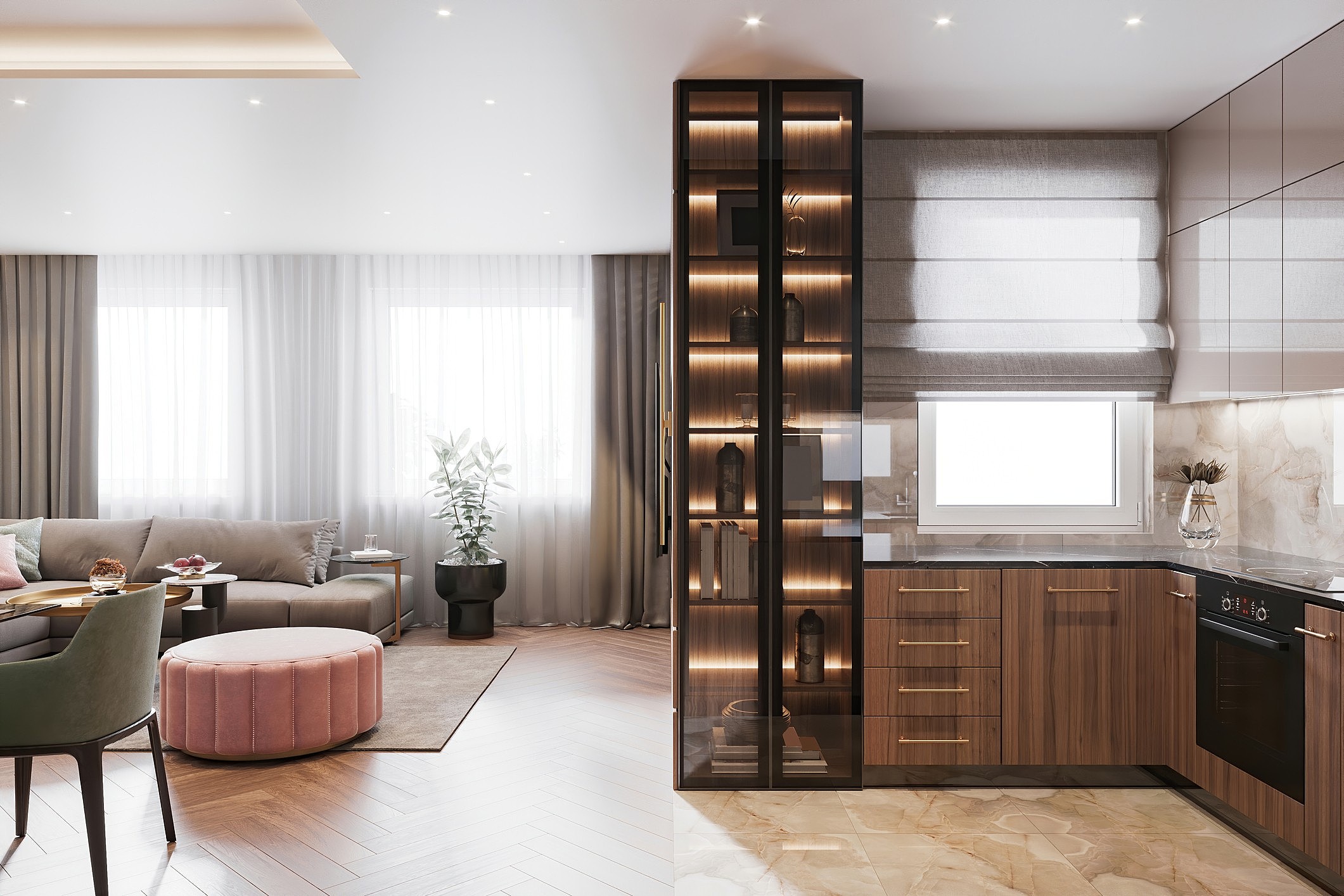 cozinha planejada pequena com porta de vidro reflecta