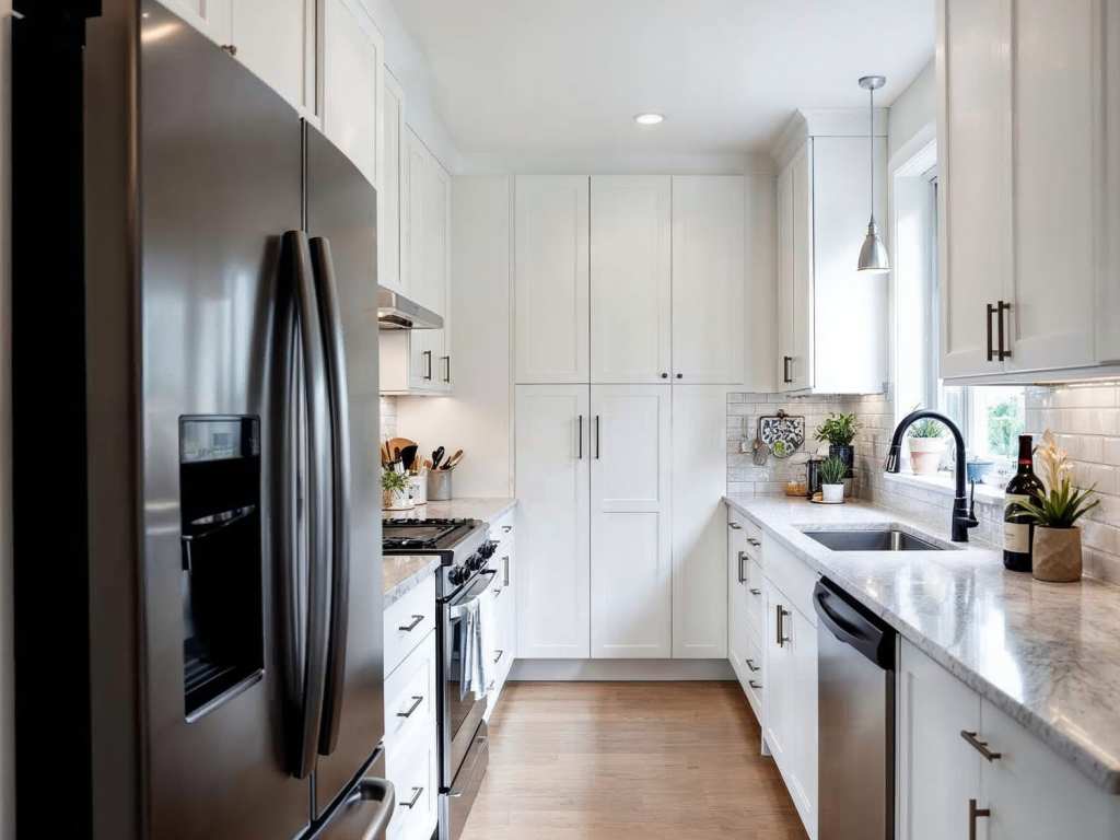 cozinha planejada pequena com porta de vidro reflecta