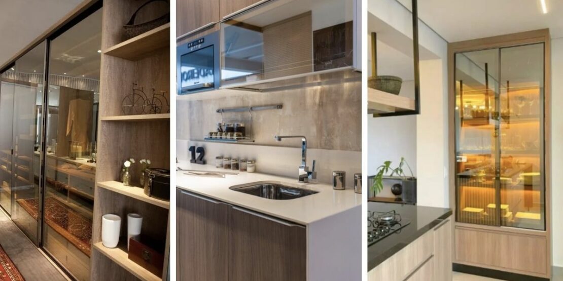 cozinha planejada pequena com porta de vidro reflecta