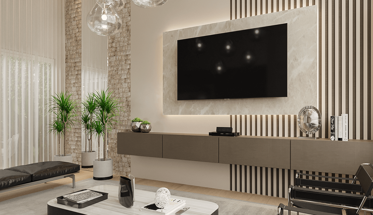 painel tv suspenso com nichos para esconder fios