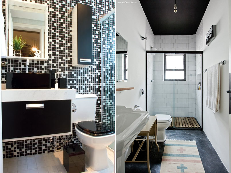 ideias de banheiro preto e branco pequeno