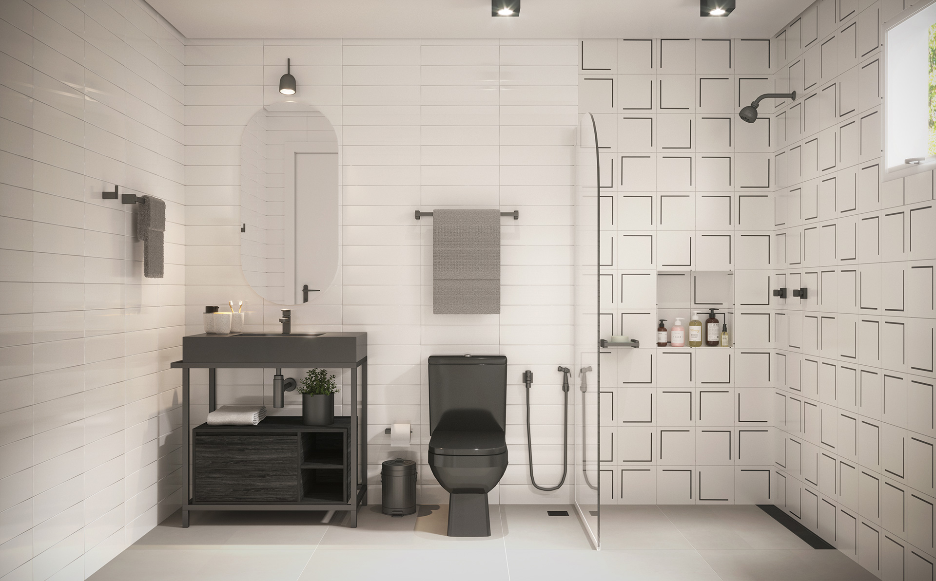 ideias de banheiro preto e branco pequeno