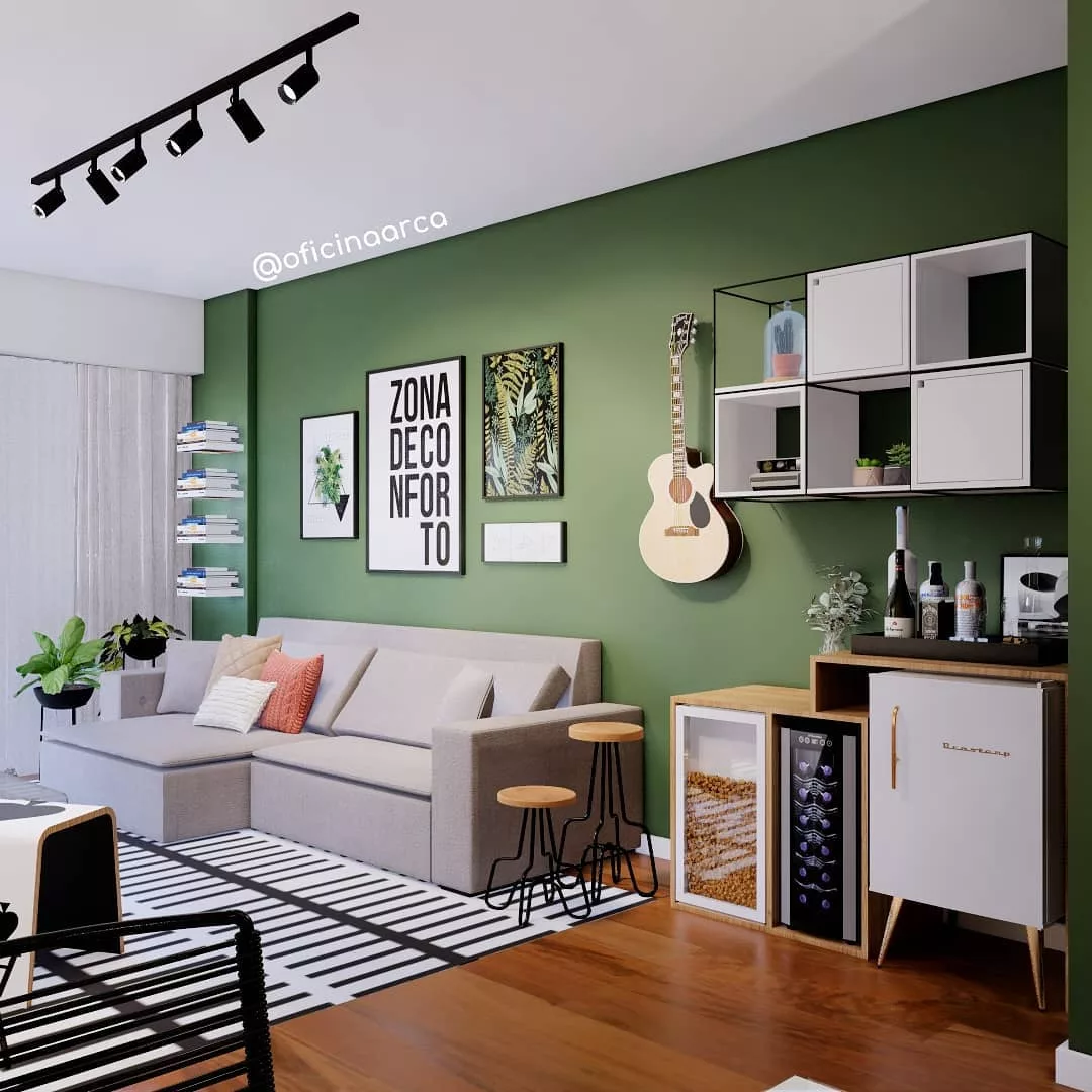 ideias decoração sala verde moderna