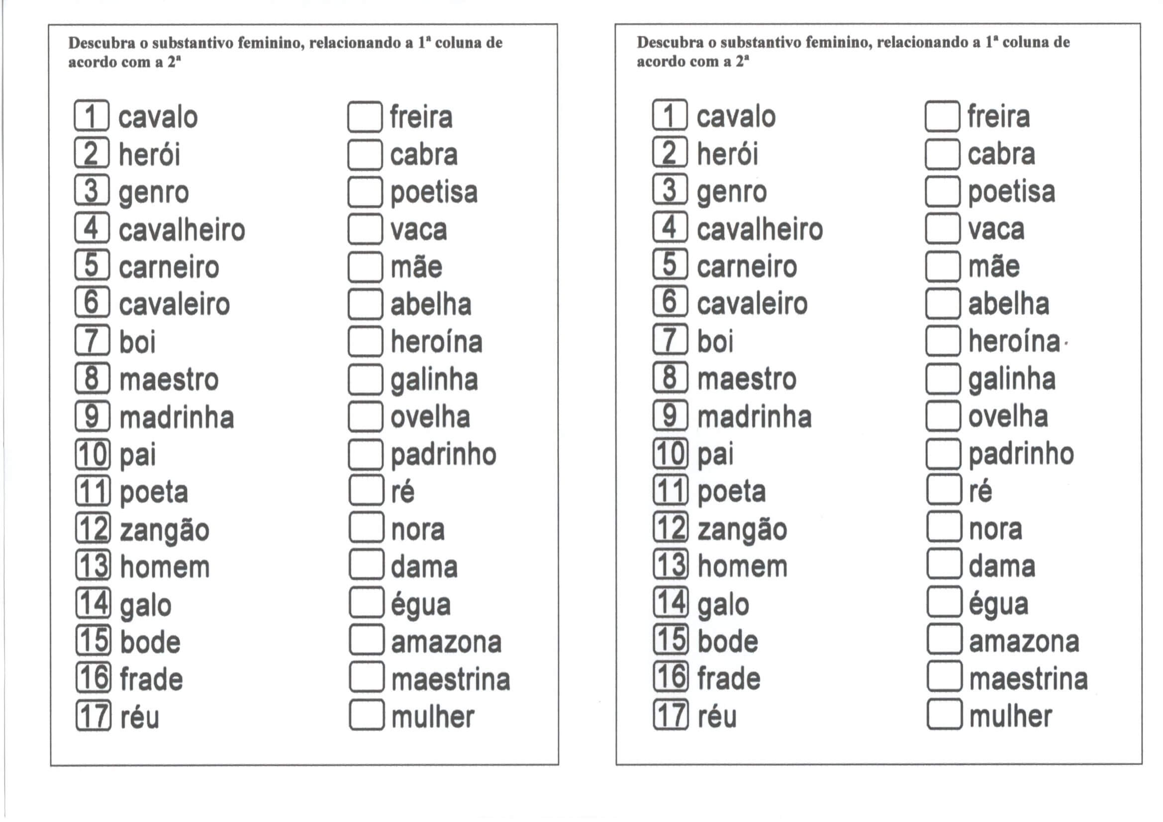exemplos de substantivos masculinos e femininos
