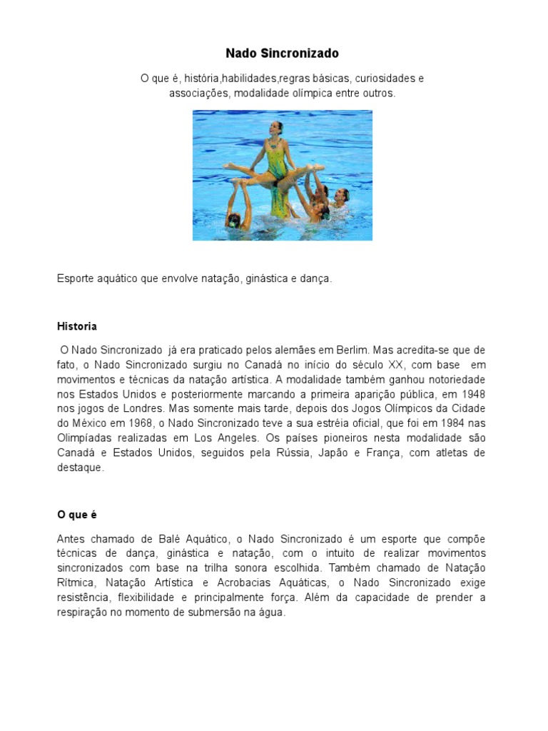 história do nado sincronizado