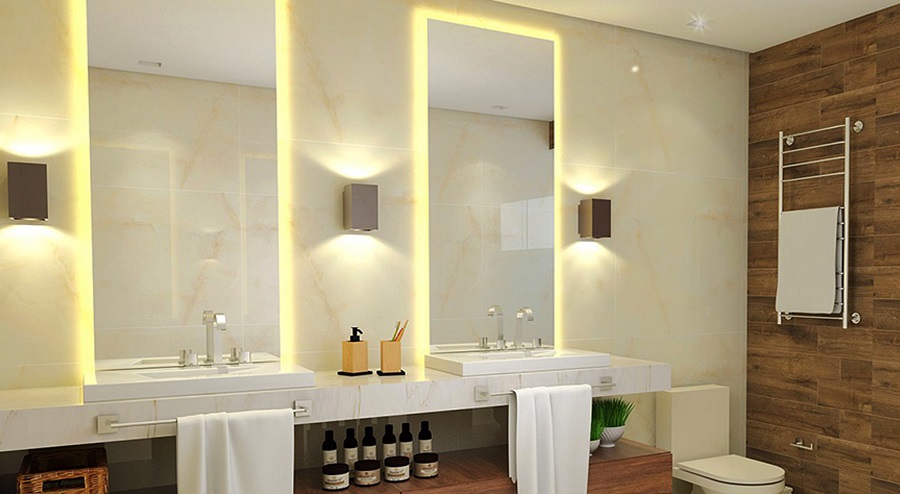 ideias de iluminação para bancada de banheiro pequena