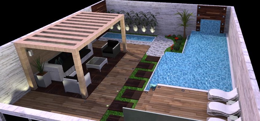 jardim com pergolado e piscina de fibra