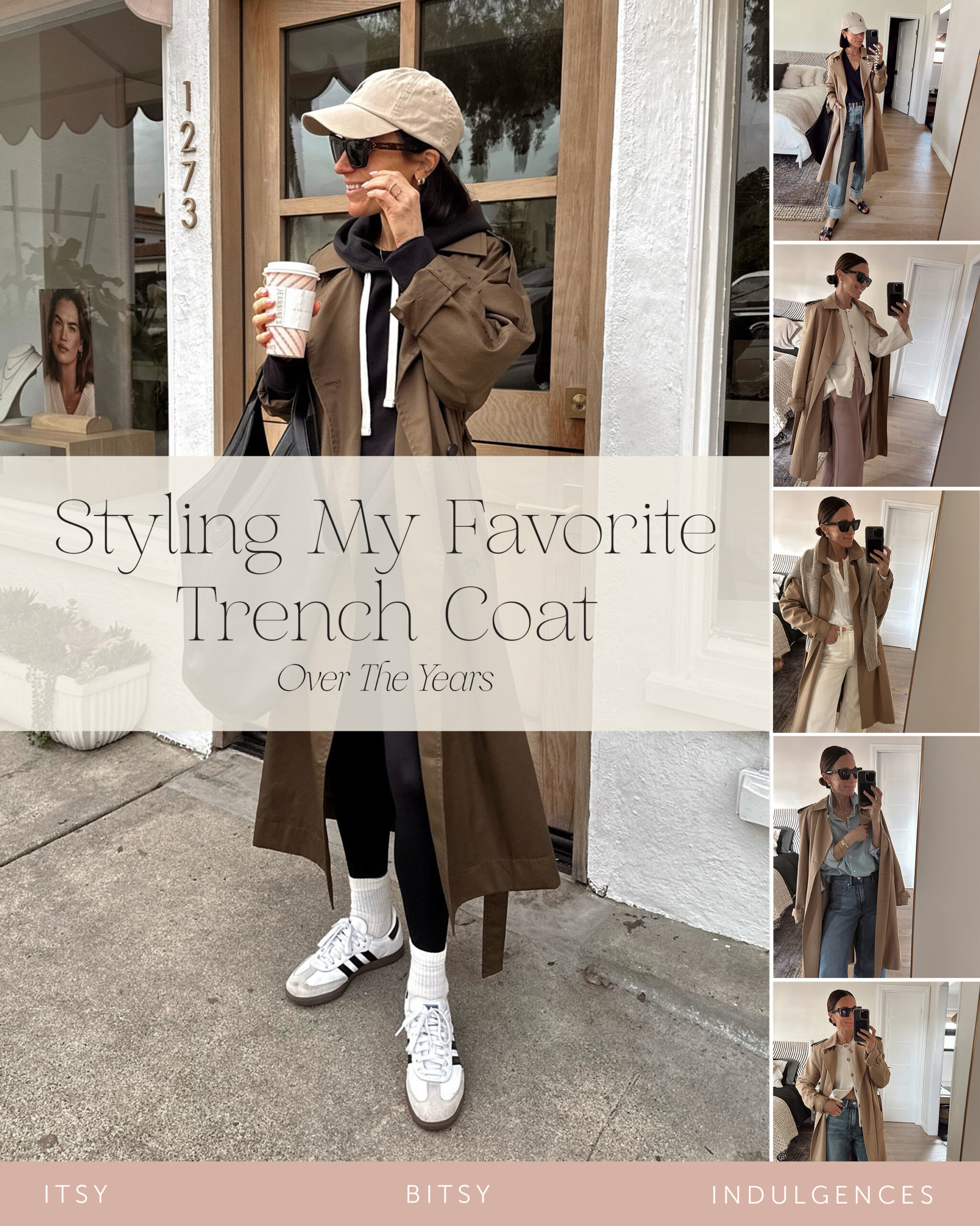 trench coat com jeans e tênis