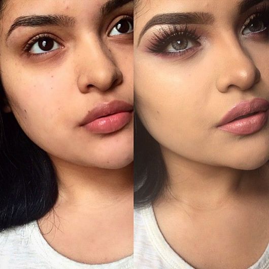 olho castanho com lente verde