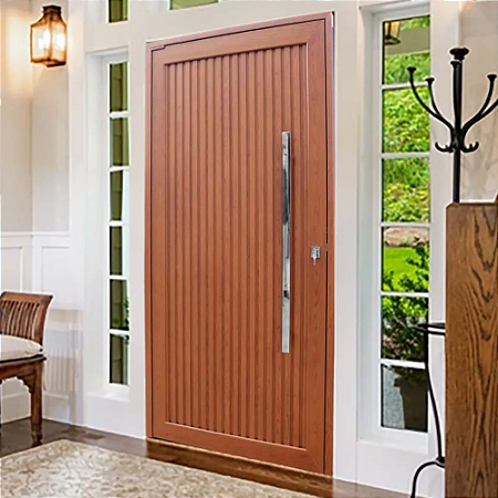 Porta pivotante de madeira com visor de vidro