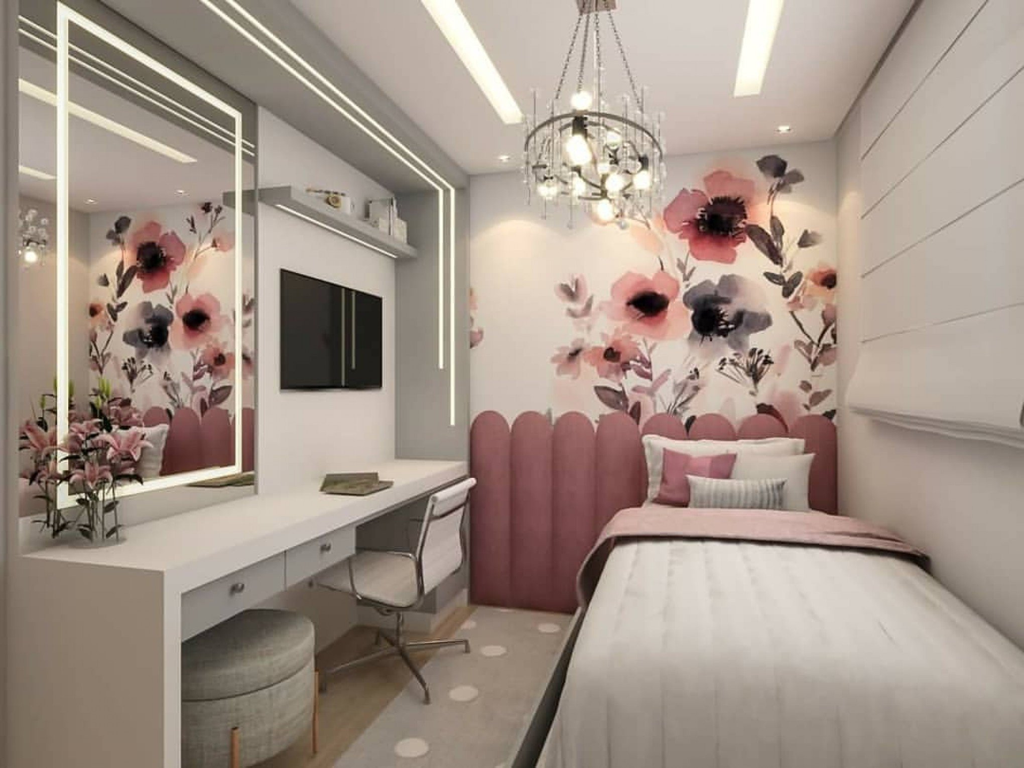 quarto feminino com parede ripada