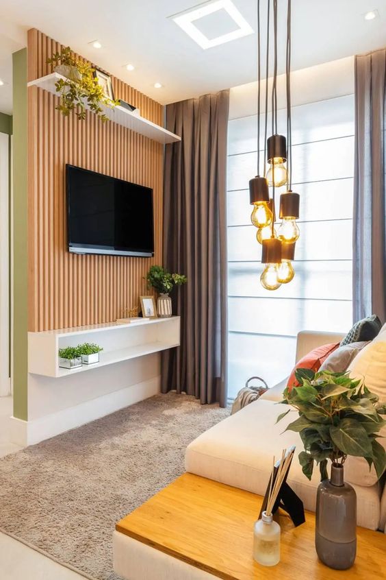 ideias de rack para sala de estar pequena decorada