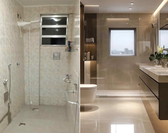 reforma de banheiro com porcelanato polido antes e depois