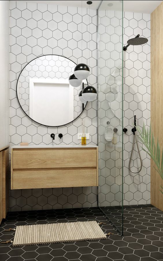 como usar revestimento hexagonal em banheiro pequeno