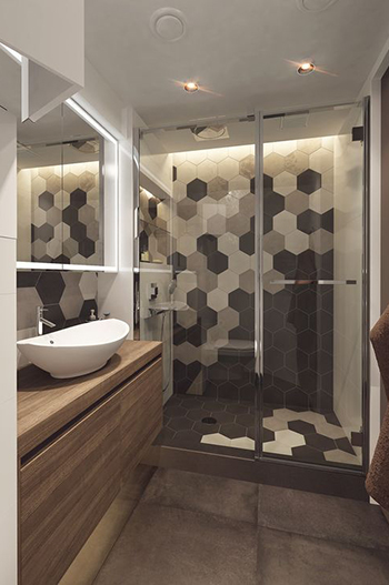 inspiração banheiro pequeno revestimento hexagonal