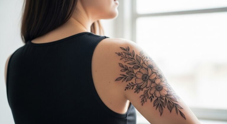 tatuagem feminina braço fechado estilo floral