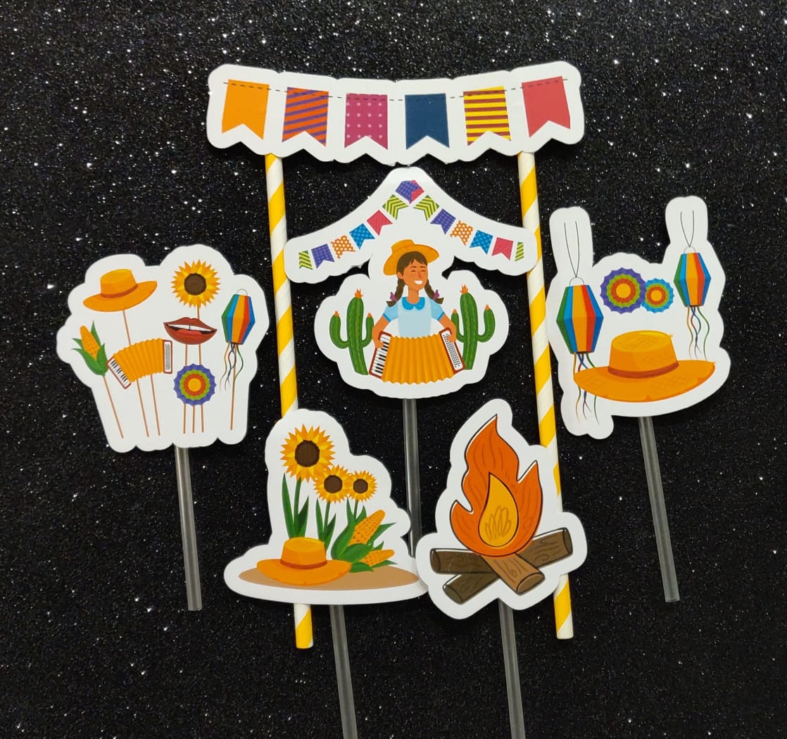 como fazer topo de bolo junino feminino com glitter