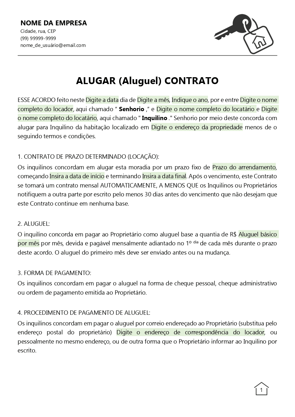 um contrato de aluguel simples