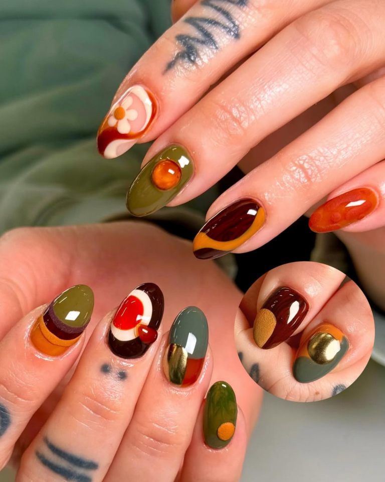 Unhas marrons com nail art