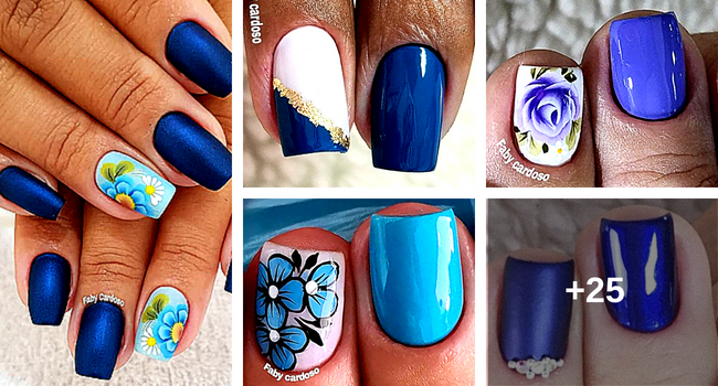 unhas decoradas azul com glitter