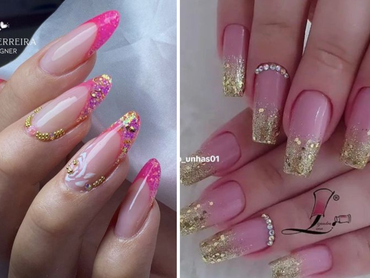 unhas rosa e dourado