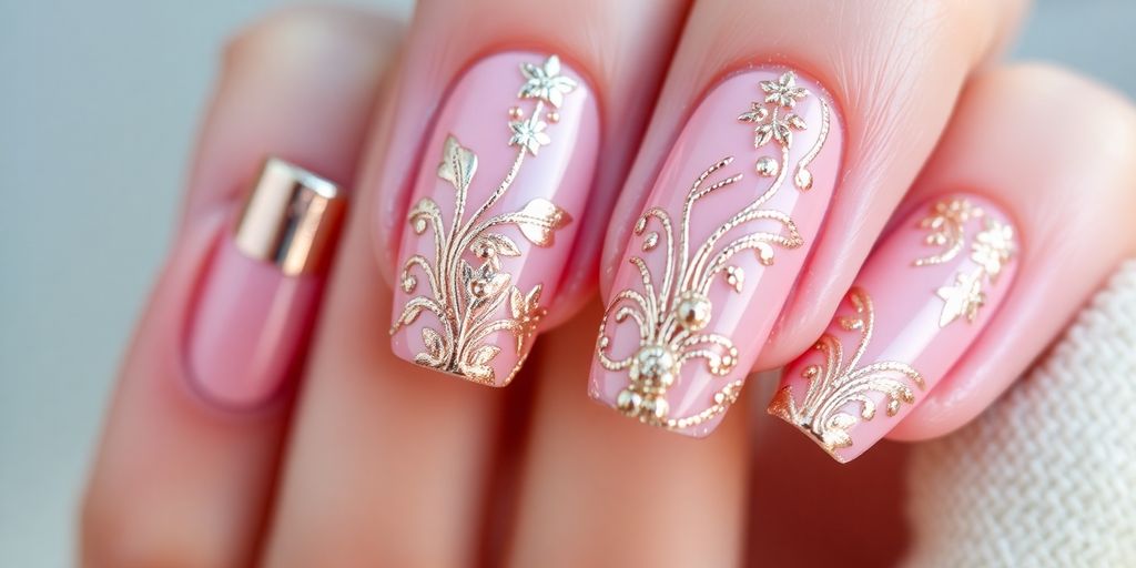 unhas rosa e dourado
