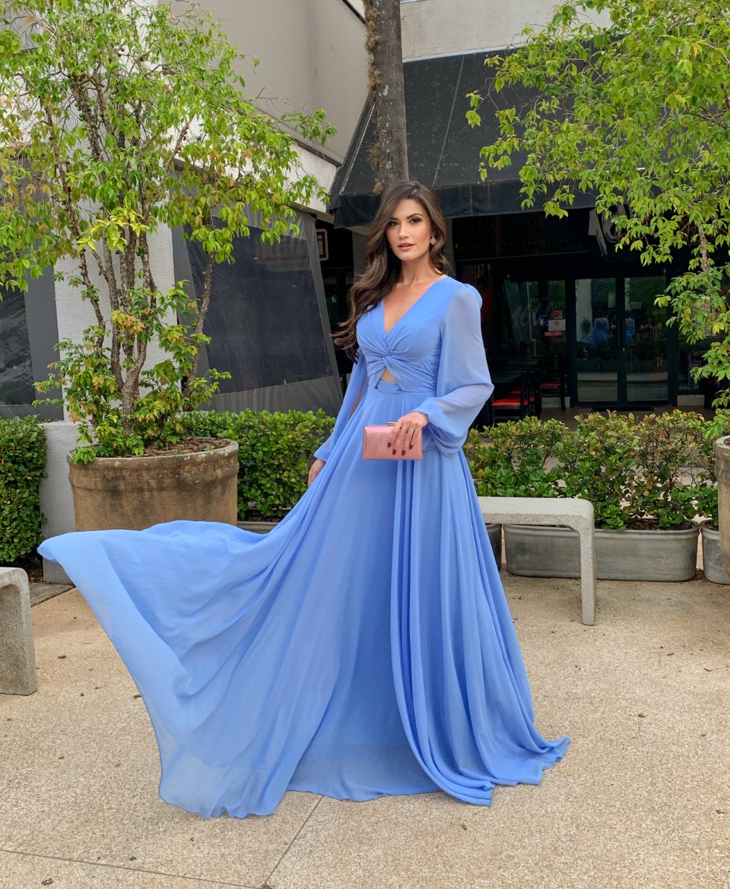 Vestido Longo de Festa Madrinhas Nula Manga Aplicação de Flor Chiffon Premoum Gegenzzy