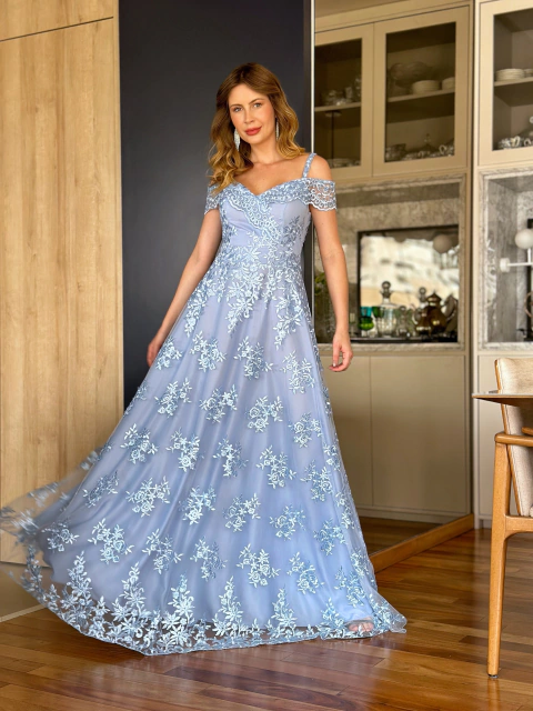 Vestido Longo De Festa Alcinhas Princesa Pepy Azul Serenity