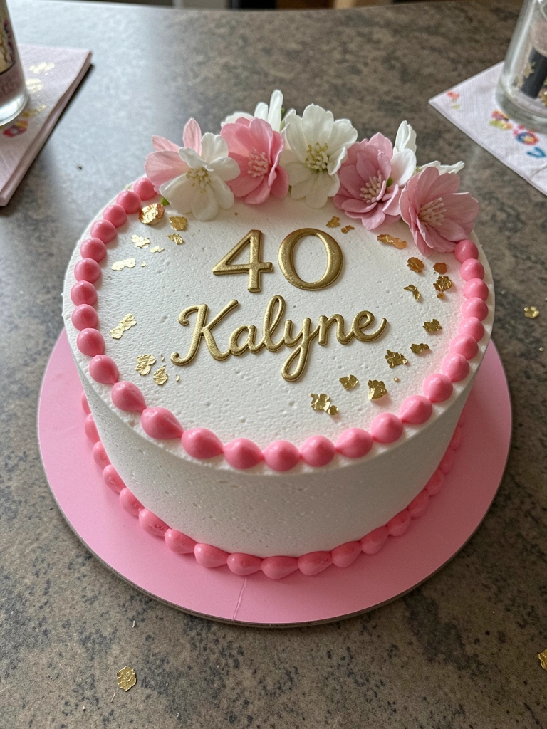Bolo de aniversário com flores e detalhes dourados sobre mesa clara.