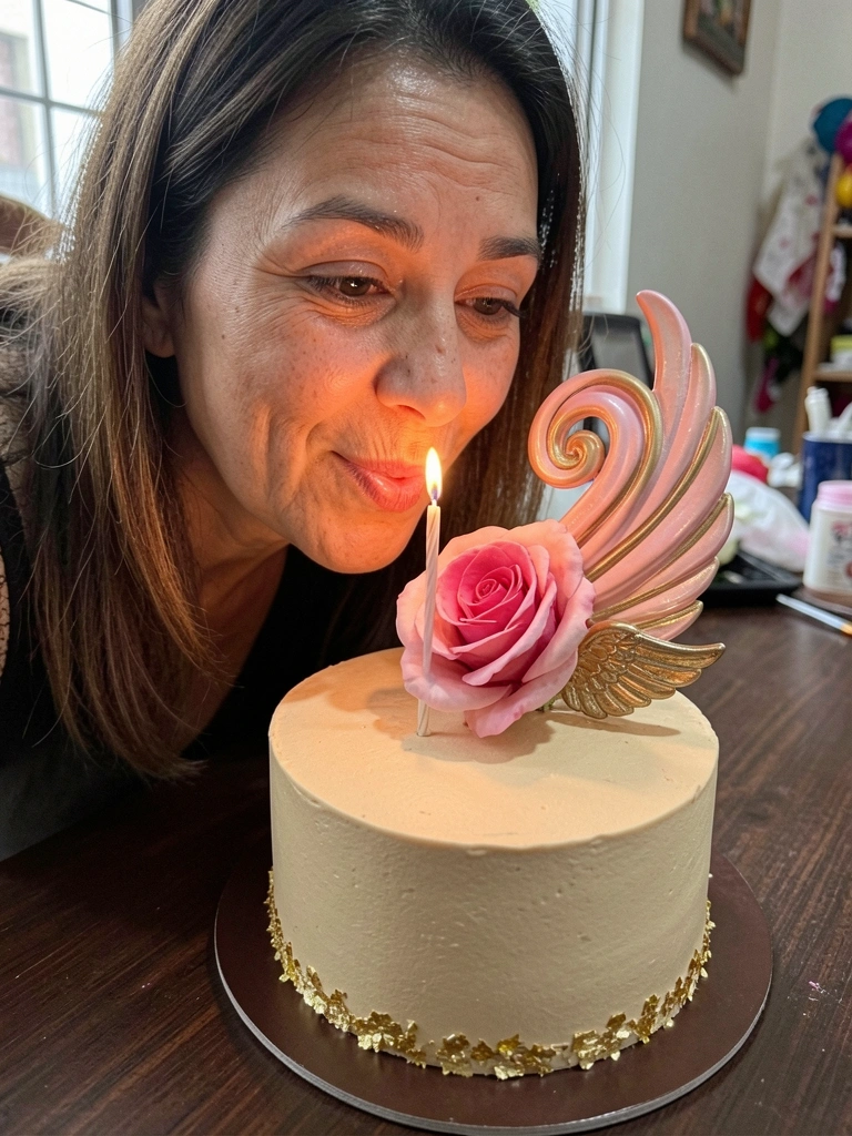 Mulher soprando velas de um bolo confeitado sobre mesa decorada