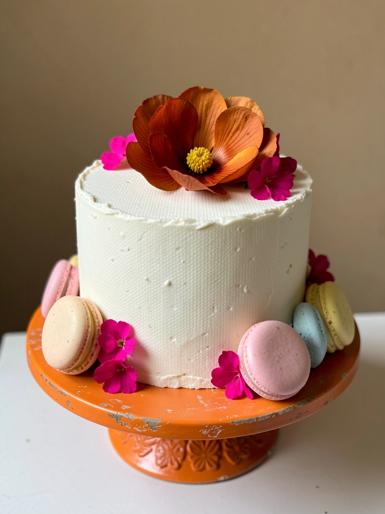 Bolo de aniversário com cobertura lisa, flores naturais e detalhes dourados sobre mesa posta.