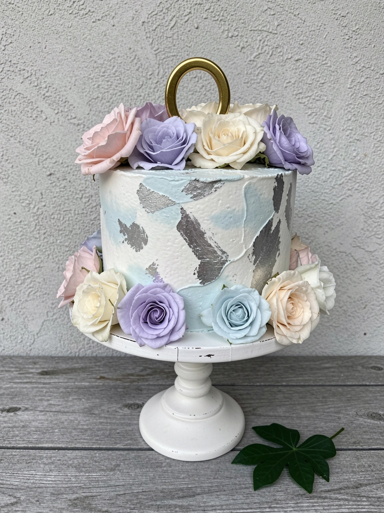 Bolo de andar único com flores naturais em tons pastel e acabamento liso sobre suporte de bolo.