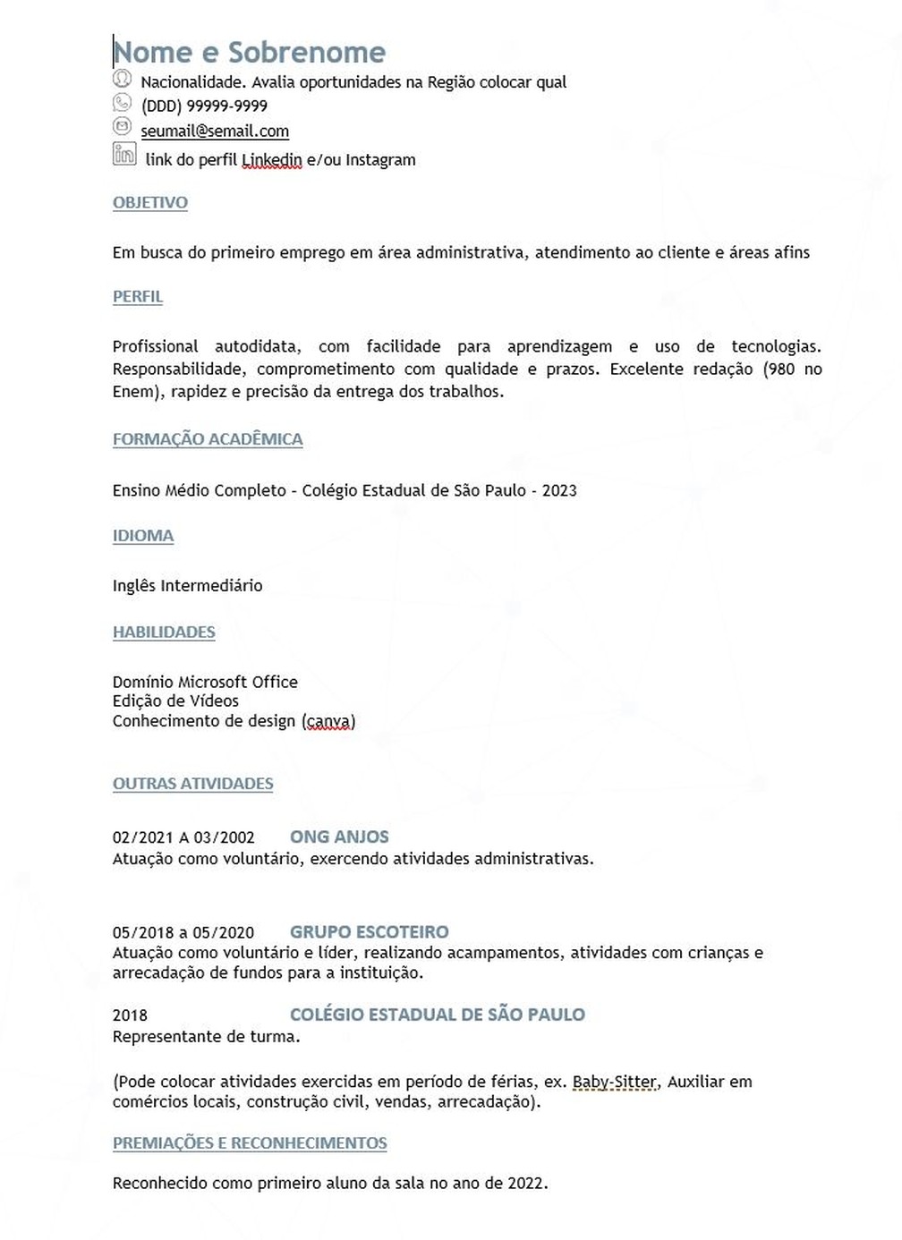 currículo para quem nunca trabalhou