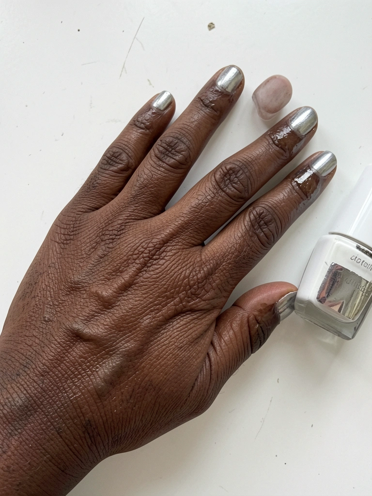 Frasco de esmalte prateado ao lado de unha pintada com acabamento metálico sob luz lateral.