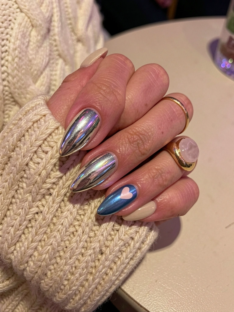 Unhas com esmalte prata espelhado e azul metálico sob luz colorida de balada
