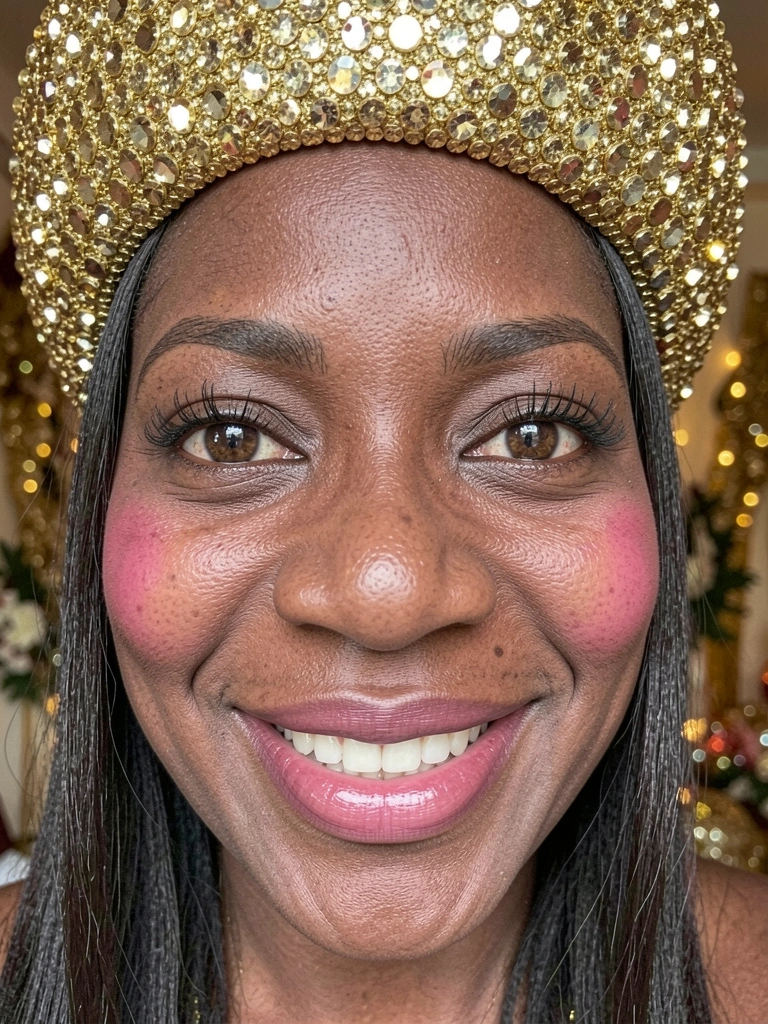 Pálpebra com sombra marrom e glitter dourado aplicado no canto interno, cílios longos e pele clara.