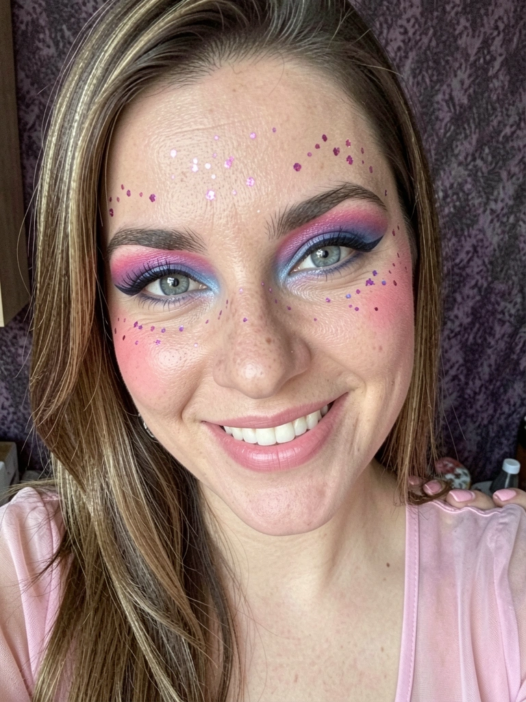Pálpebra com sombra marrom esfumada e glitter dourado aplicado no centro da pálpebra móvel.